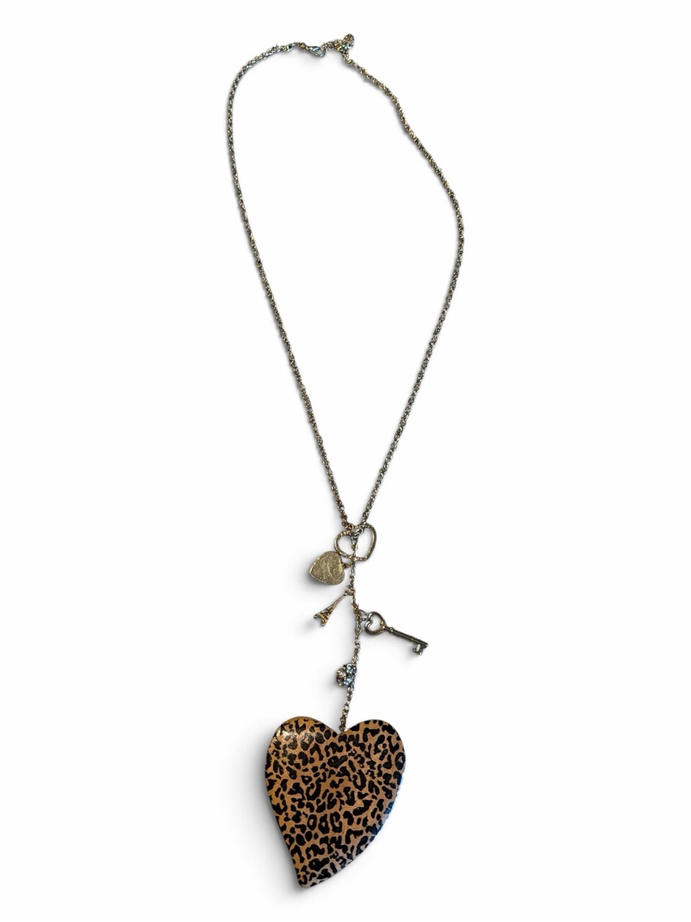 Leopard Heart Charm Pendant Necklace Gold Tone Key Charm Rhinestone Long Length